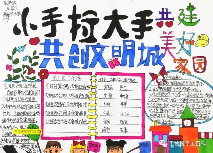 大手拉小手，创建文明城市手抄报图片