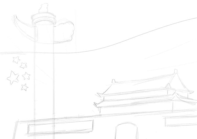 国庆节主题画儿童绘画《一群白鸽》