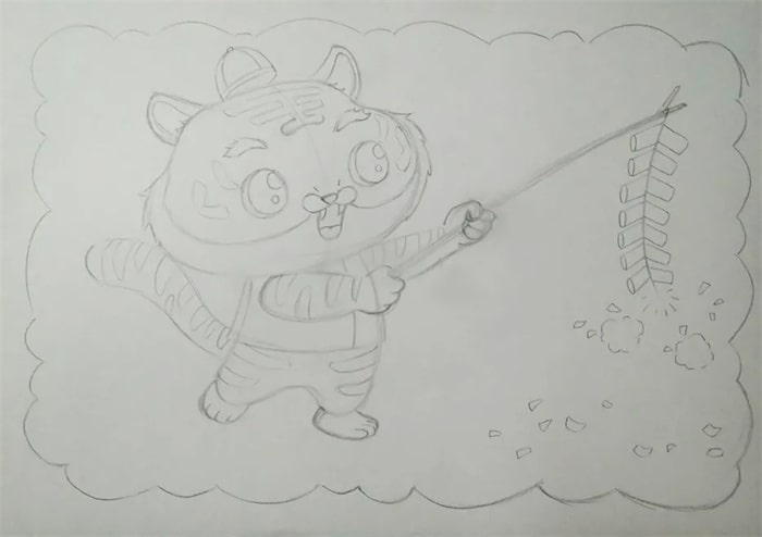 2022虎年放鞭炮的老虎简笔画