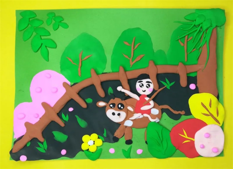 清明节橡皮泥手工作品《牧童遥指杏花村》