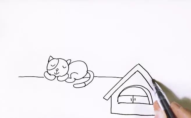 屋顶上的小猫咪儿童简笔画教程