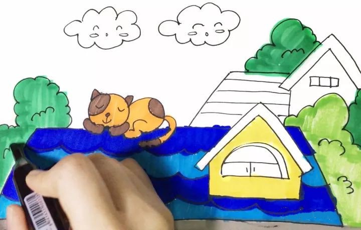 屋顶上的小猫咪儿童简笔画教程