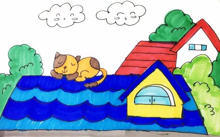 屋顶上的小猫咪儿童简笔画教程