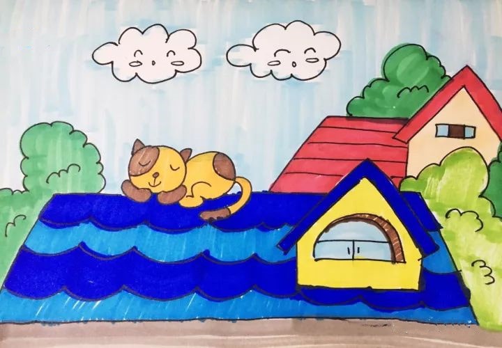 屋顶上的小猫咪儿童简笔画教程