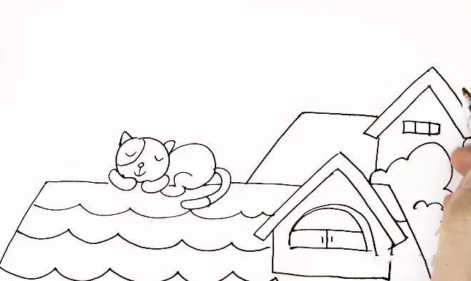 屋顶上的小猫咪儿童简笔画教程