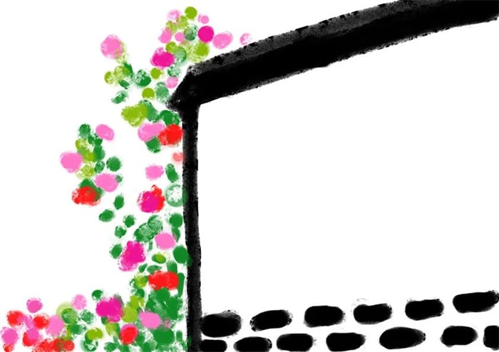 创意水粉画花作品《墙角花丛》