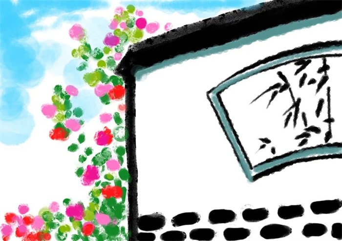 创意水粉画花作品《墙角花丛》