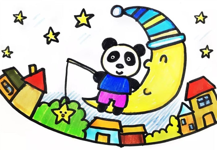 小熊猫钓星星儿童简笔画图片