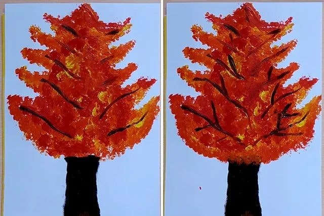 儿童画秋天的景色：棉签印画秋天的大树