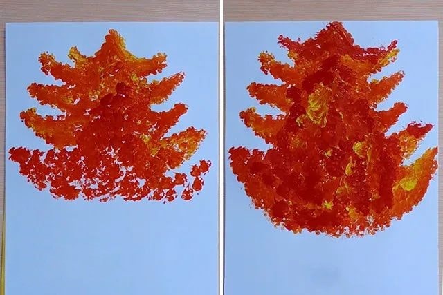 儿童画秋天的景色：棉签印画秋天的大树