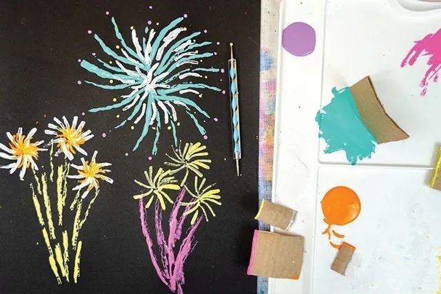 儿童画国庆节：纸板印画烟花