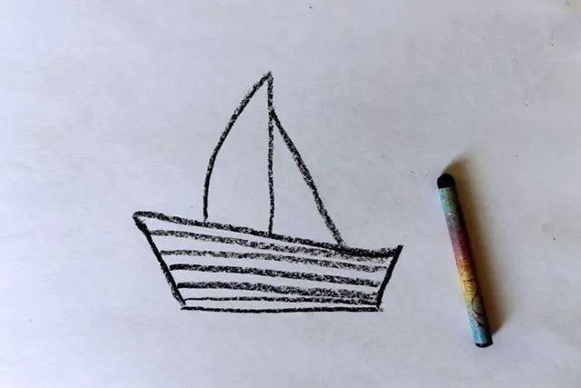 儿童学画画：蜡笔和水彩画落日海面