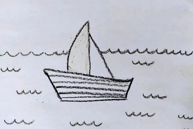 儿童学画画：蜡笔和水彩画落日海面