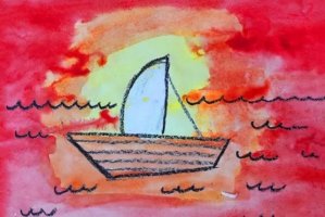 儿童学画画：蜡笔和水彩画落日海面