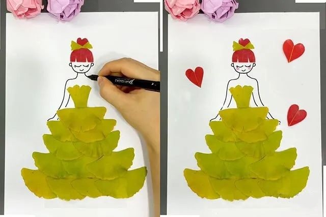 银杏树叶创意粘贴画穿着蓬蓬裙的女孩