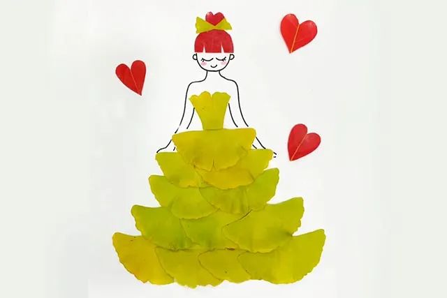 银杏树叶创意粘贴画穿着蓬蓬裙的女孩