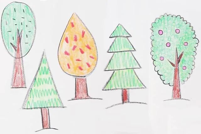 简单图形画5种不同形状的大树简笔画