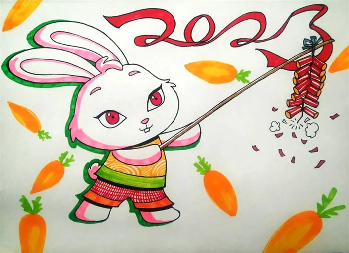 2023兔年小兔子放鞭炮简笔画图文步骤