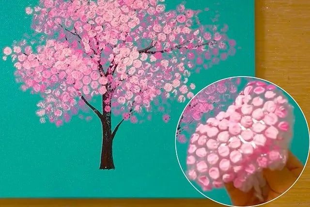 儿童画春天：气泡膜印画大树