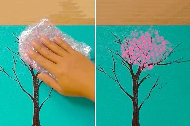 儿童画春天：气泡膜印画大树