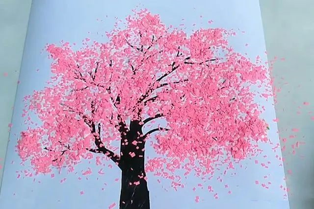 儿童春天手工：碎纸粘贴画樱花树(步骤图解)