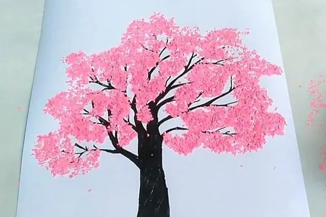 儿童春天手工：碎纸粘贴画樱花树(步骤图解)