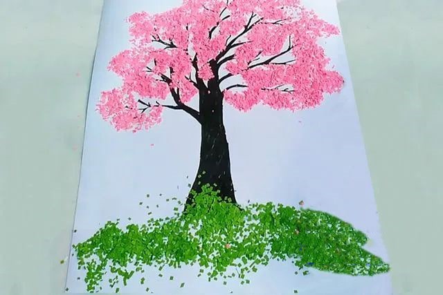 儿童春天手工：碎纸粘贴画樱花树(步骤图解)