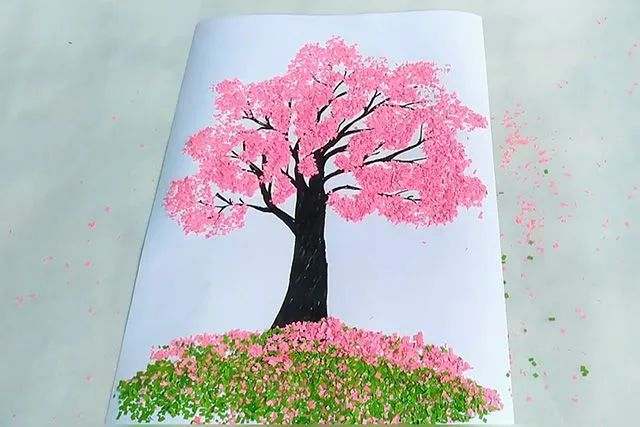 儿童春天手工：碎纸粘贴画樱花树(步骤图解)