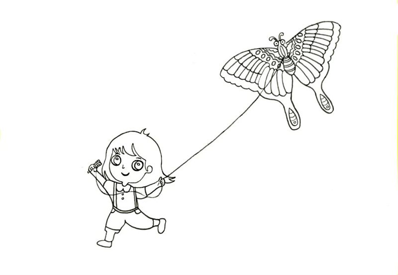 春日小女孩放风筝简笔画绘画步骤