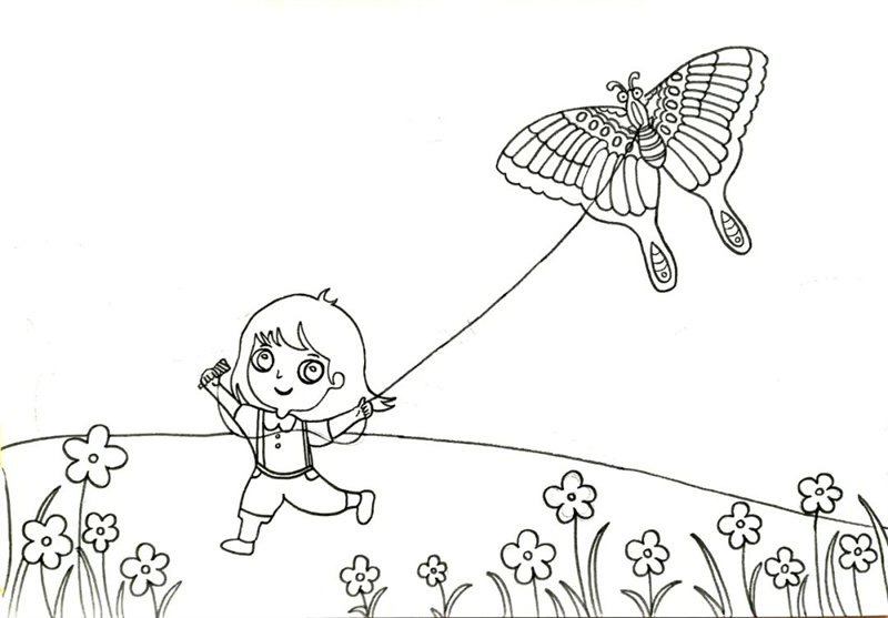 春日小女孩放风筝简笔画绘画步骤