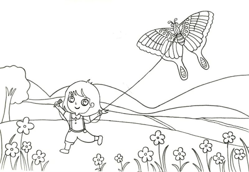 春日小女孩放风筝简笔画绘画步骤