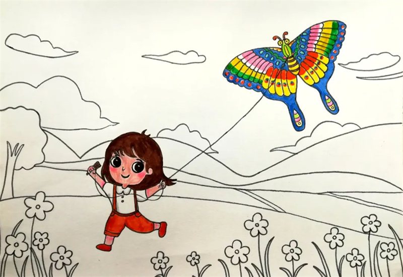 春日小女孩放风筝简笔画绘画步骤
