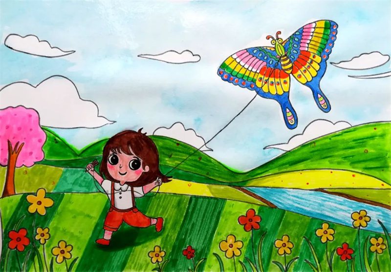 春日小女孩放风筝简笔画绘画步骤