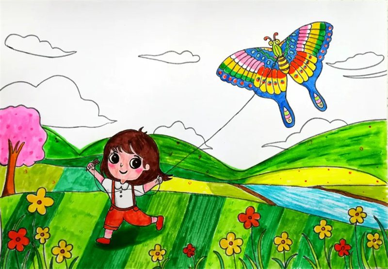 春日小女孩放风筝简笔画绘画步骤