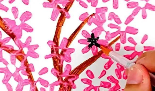 幼儿学画画：吸管印画春天的树(