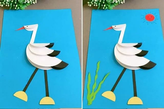 幼儿园简单手工制作动物：拼贴画白鹳