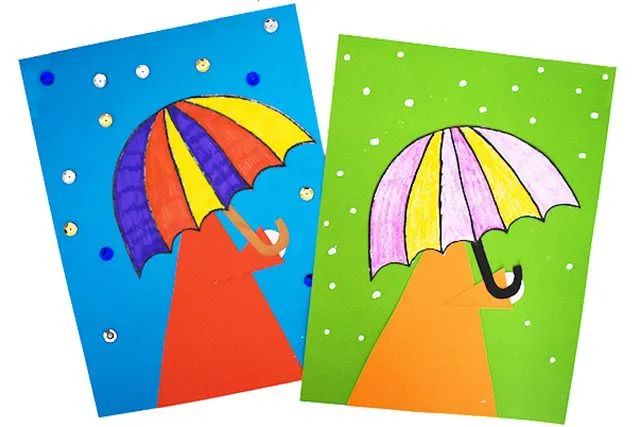 幼儿创意下雨天手工：拼贴画撑着伞的小女孩