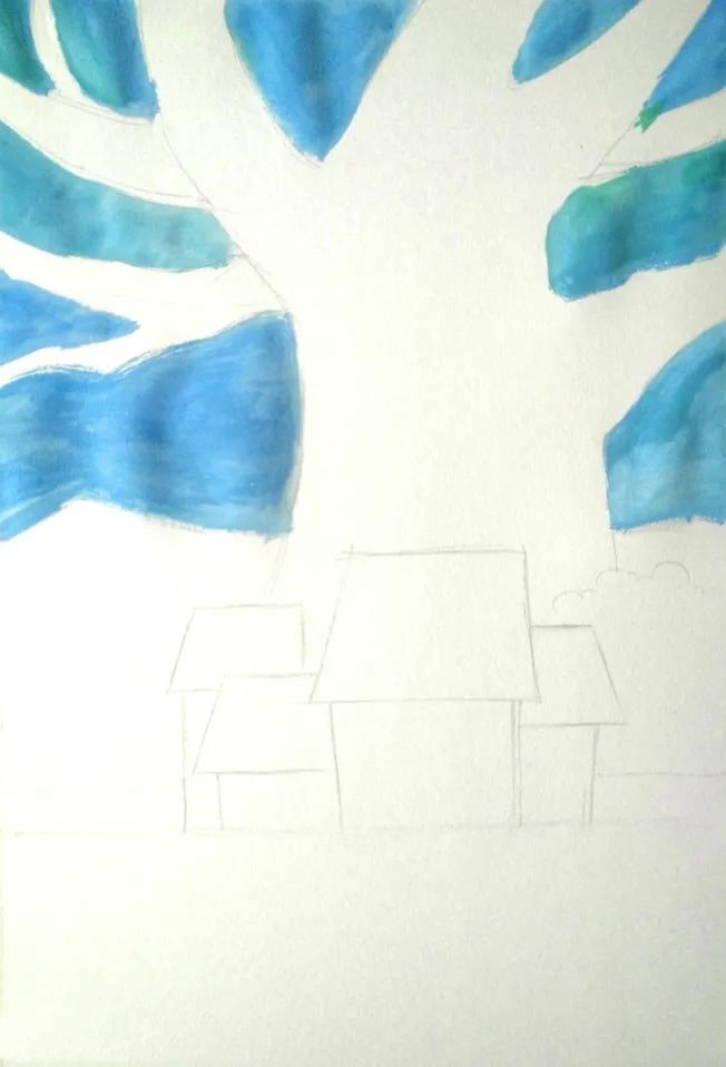 水粉风景画技法教程《大树下的小屋》