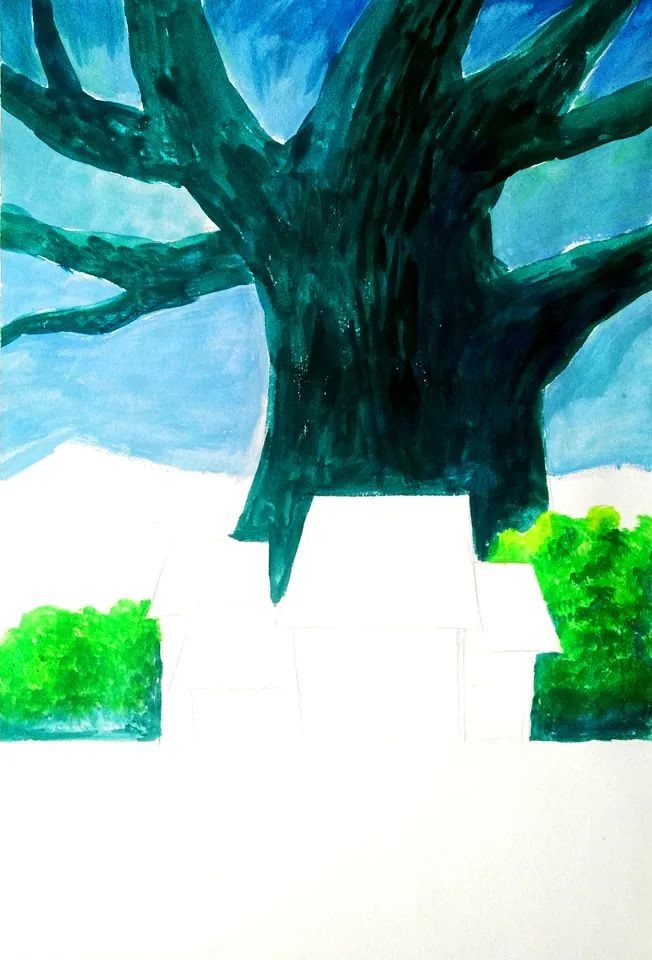 水粉风景画技法教程《大树下的小屋》