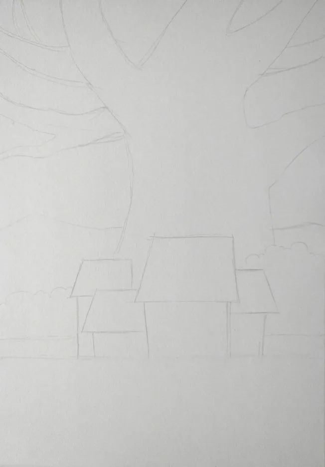 水粉风景画技法教程《大树下的小屋》