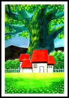 水粉风景画技法教程《大树下的小屋》