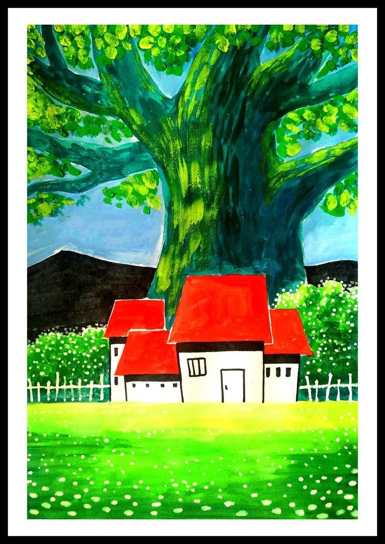 水粉风景画技法教程《大树下的小屋》