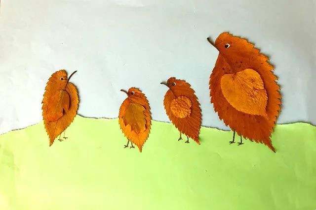 树叶手工粘贴画教程：简单好看的小鸟一家(步骤图解)