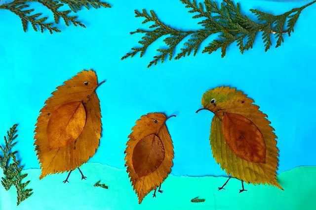 树叶手工粘贴画教程：简单好看的小鸟一家(步骤图解)