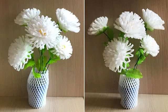 废物利用水果网套制作手工菊花