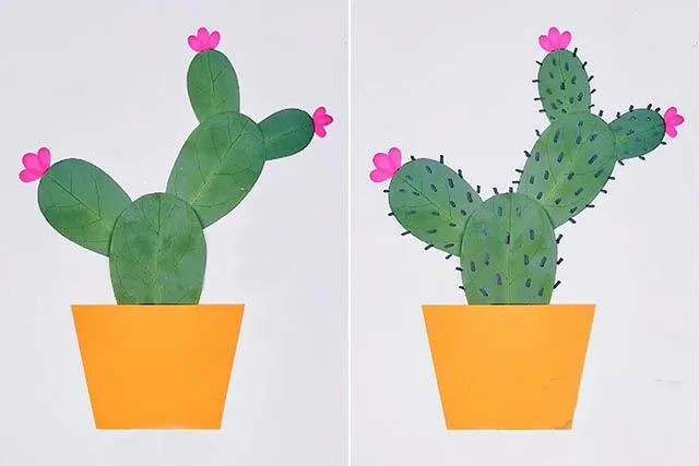树叶手工粘贴画教程：叶子贴画仙人掌