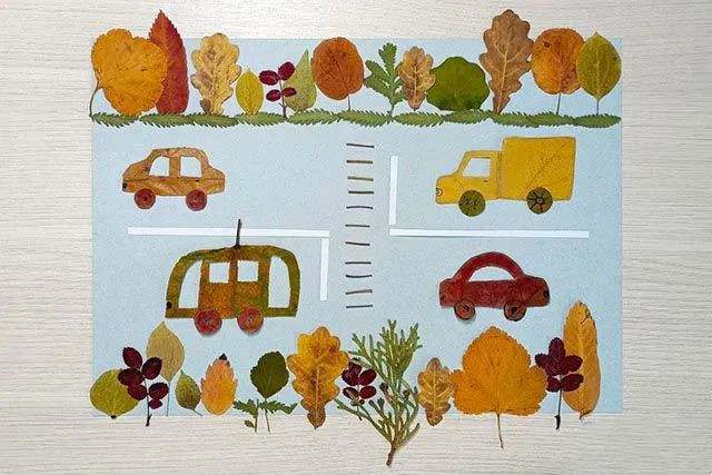 亲子树叶手工粘贴画教程：树叶贴画马路手工