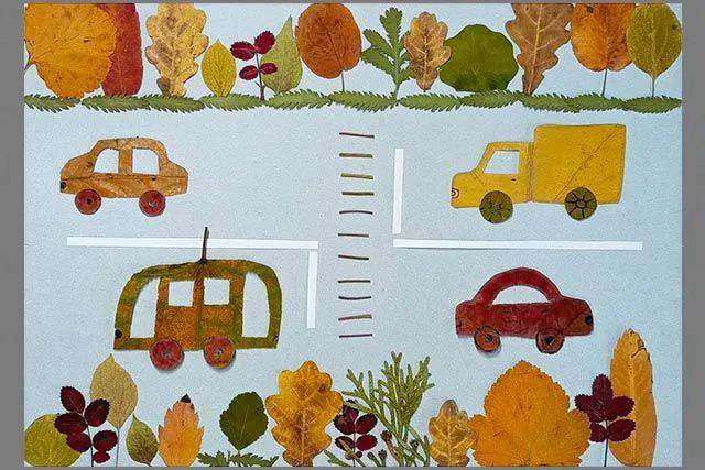 亲子树叶手工粘贴画教程：树叶贴画马路手工