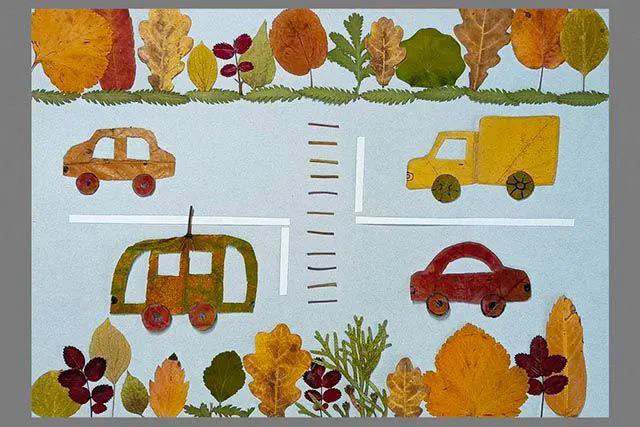 亲子树叶手工粘贴画教程：树叶贴画马路手工