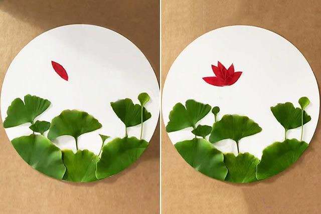 银杏叶手工树叶粘贴画荷花简单又好看
